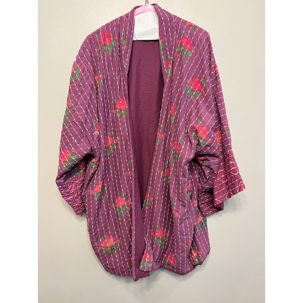 Earthbound Trading Co Pink Floral Kimono Jacket Kantha Rose Stripe Embroidered